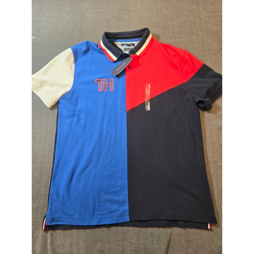 Tommy Hilfiger Mens XL Colorblock Polo Shirt Red Blue Navy White TH Logo NWT